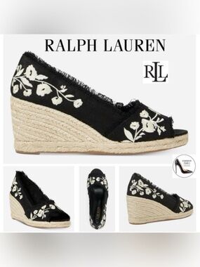 Ralph Lauren Embroidered Linen Black Wedge Sandals Espadrilles Sz. 8 Carmondy